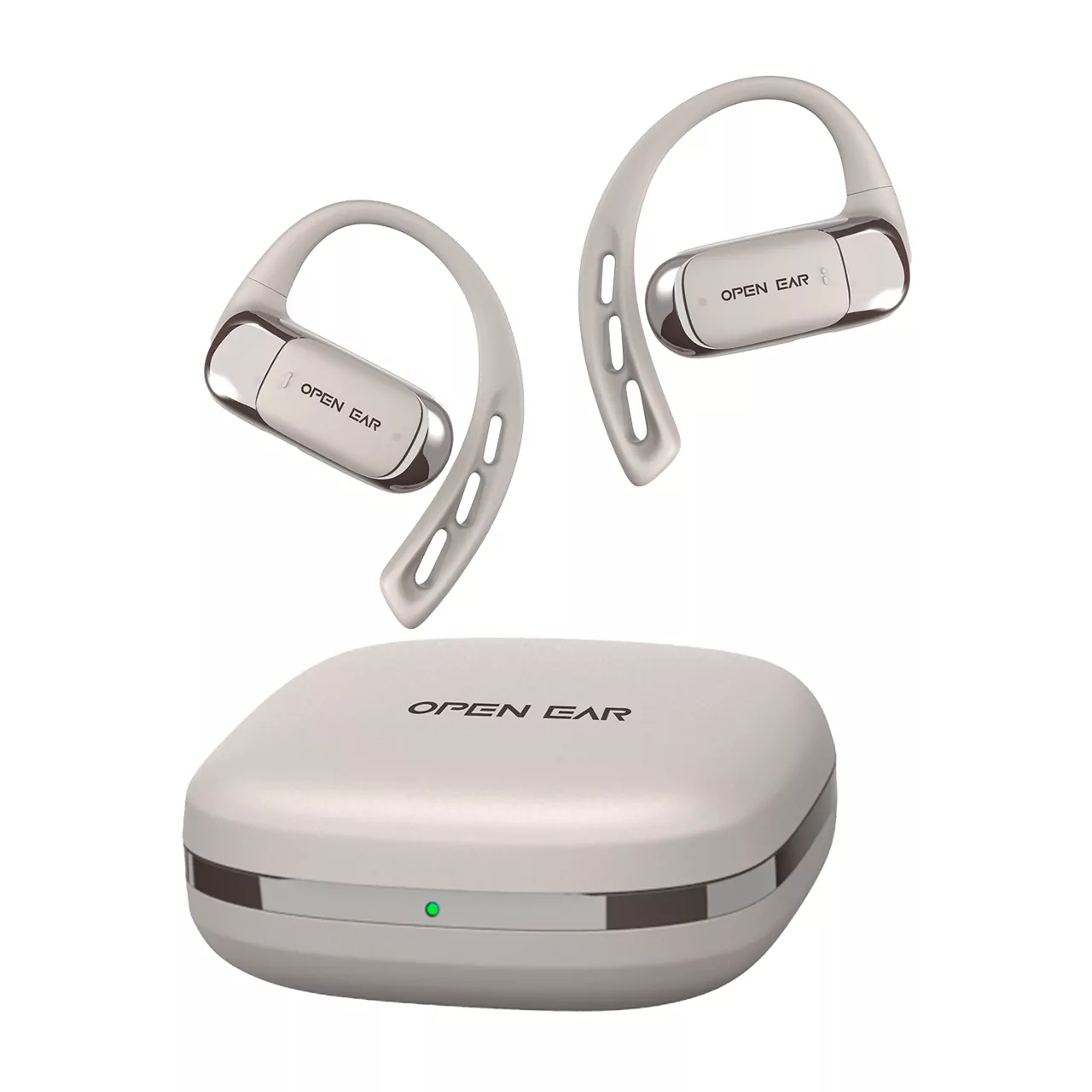 Auriculares Bluetooth open ear Swiss+go Arco gris con diseño de gancho ergonómico y estuche compacto.