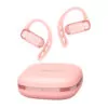 Auriculares Bluetooth open ear Swiss+go Arco rosa con estuche de carga y diseño de gancho externo deportivo.