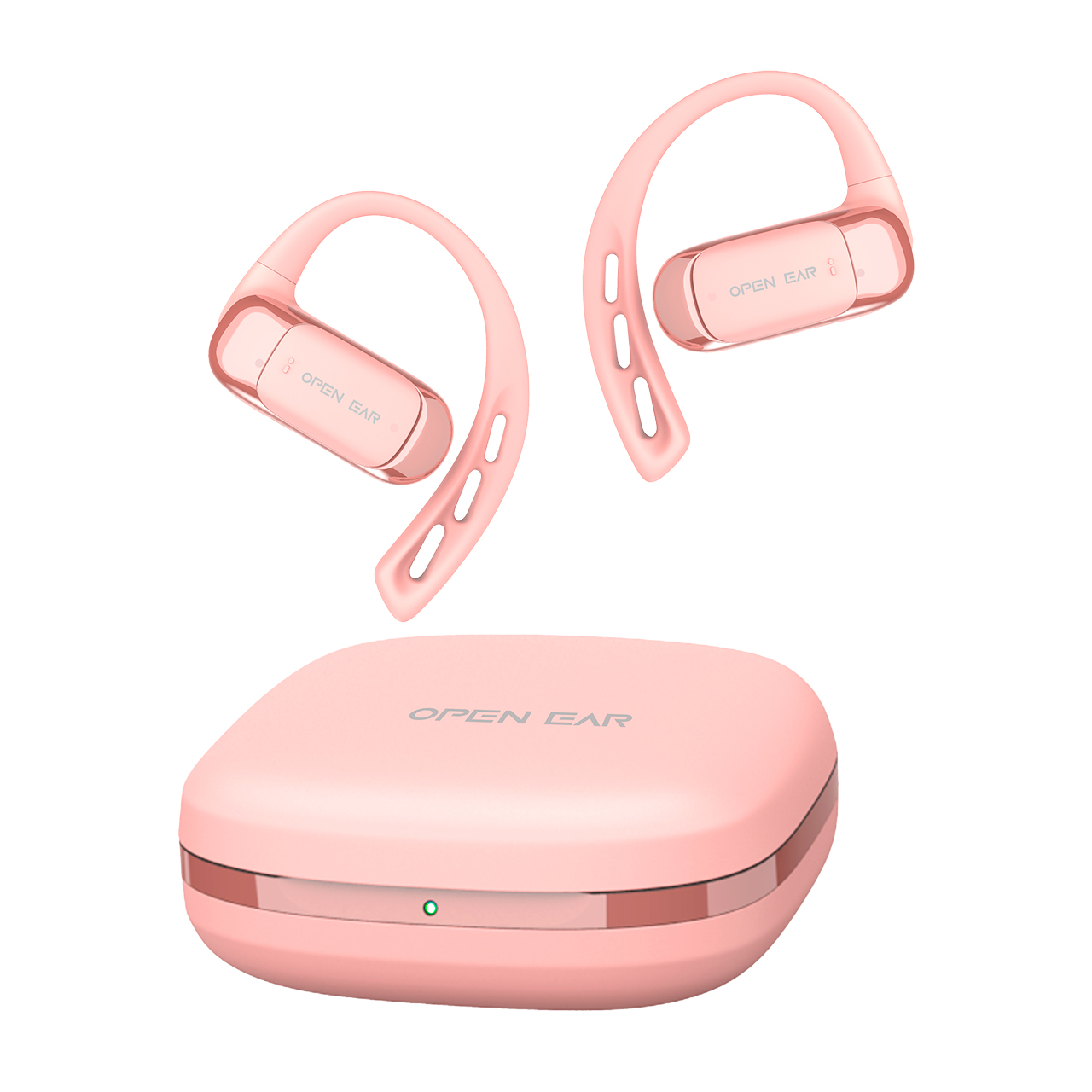 Auriculares Bluetooth open ear Swiss+go Arco rosa con estuche de carga y diseño de gancho externo deportivo.
