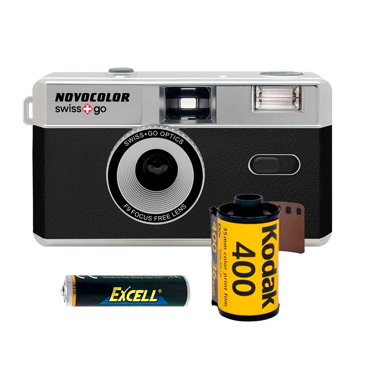 swiss+go Novocolor cámara 35mm con flash negra pack con carrete y funda